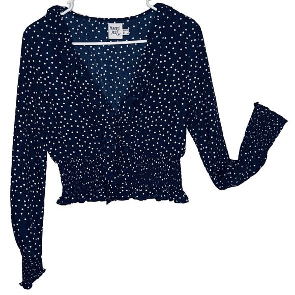 Princess Polly Top Womens Size 8 Blue Long Sleeve Ruffle Polka Dot Crop V-Neck - Picture 1 of 10